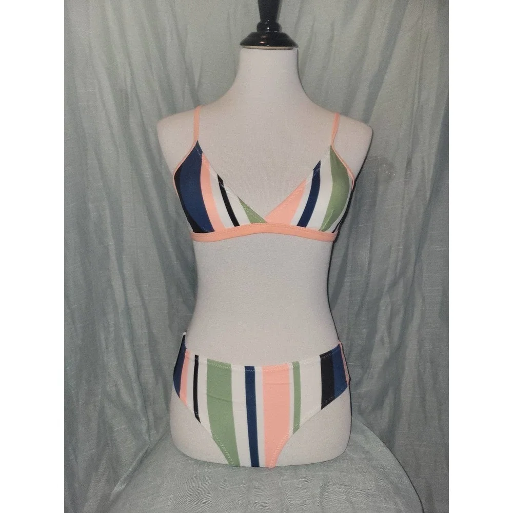 NWT Peach Blue Green Striped Bikini small